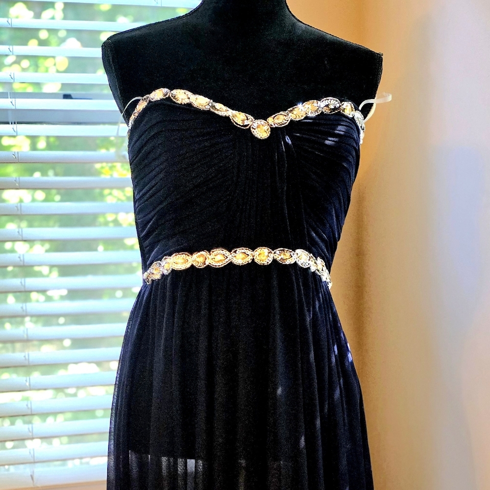 Elegant Navy Evening Dress with Gold Accents